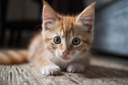 Cute fluffy ginger kitten plays on the rugの素材