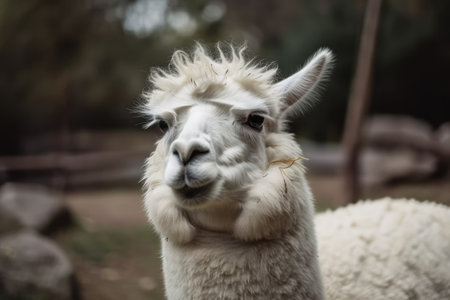 White lama outside in the zoo. A cute animal pictureの素材