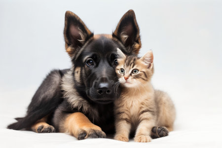 The dog comforts the kitten. isolated against a white backdropの素材