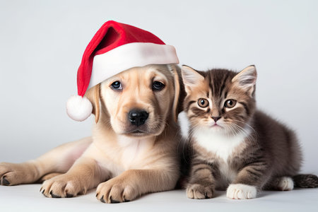 Adorable puppy and kitten wearing Santa hats on a white backdrop. Generative AIの素材