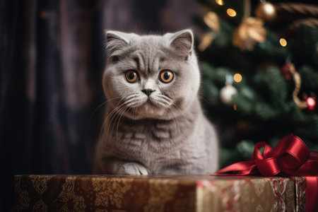 Happy New Year, holidays, and celebrations of Christmas. Scottish Fold cat breed portraitの素材