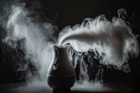 White water vapor in close up with humidifier spray in the background. On a single, dark backgroundの素材