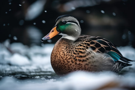 A colorful wild duck on a winter lakeの素材