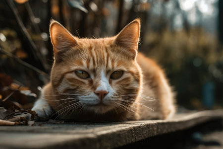 Adorable orange cat lazing about outside. Generative AIの素材