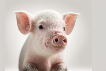 A close up picture of a cute little piglet on a white backgroundの素材