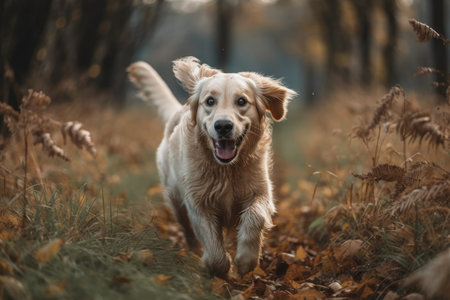 A young, pale golden retriever dog is running on the grassの素材