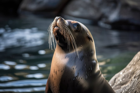 A close shot of a sea lion standing on its fins, head up, searching for somethingの素材