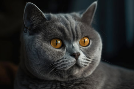 A lovely gray British cat with golden eyesの素材