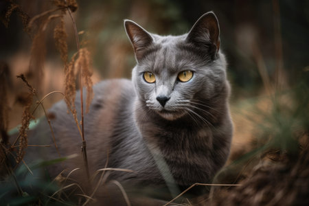 A gray cat sits in the grass. Generative AIの素材
