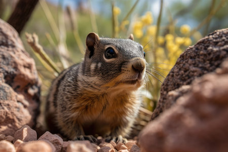 A Rock Squirrel inspects its surroundings from its burrow to ensure safety. Generative AIの素材