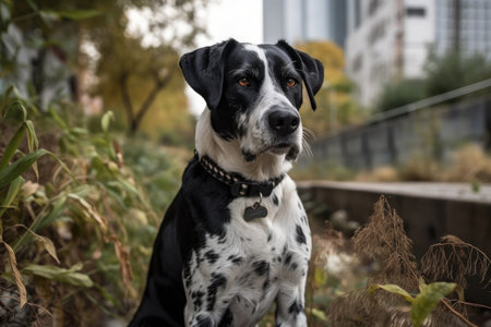 After running about and gaining some activity, a mixed breed middle sized black and white dog pantの素材