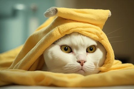 A funny picture of a white cat with a yellow towel on its headの素材