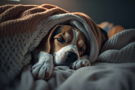 A small Beagle dog sleeps at home on a bed with a blanket over itの素材