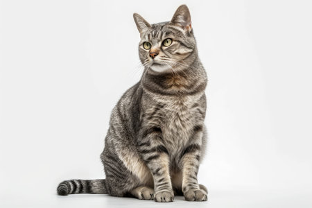 An adult grey tabby cat is seated alone on a white backgroundの素材