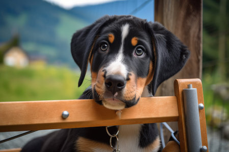 A huge Swiss mountain dog puppy is chewing on a wooden baby cradle. Generative AIの素材
