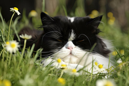 Black and white cat with closed eyes, furiousの素材