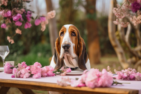 A lovely Basset Hound dog out in nature on a farm. Pink blooms surround the table. Generative AIの素材