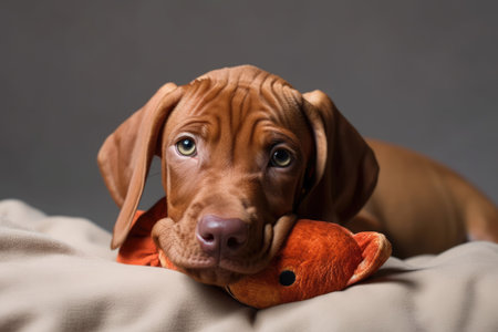 An adorable Vizsla puppy resting on a plush toy of an animal. Generative AIの素材