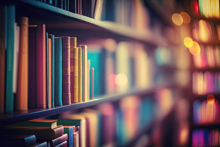 An image with a blurry background shows a library bookshelf with many books on itの素材