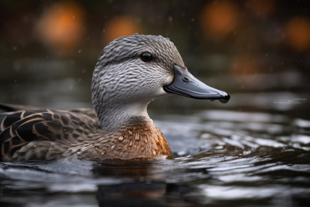 An exquisite male Gadwall named Anas strepera in a headshot swimming in a lakeの素材