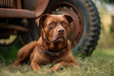 Beside the wheel of an ancient car, a reddish brown dog wearing a collar is lying on some grassの素材