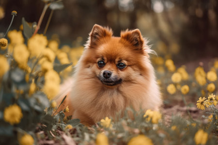 A small Pomeranian bear rests in the park among the flowersの素材