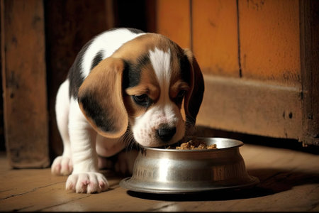 Beagle puppy eating in the house. adorable animalの素材