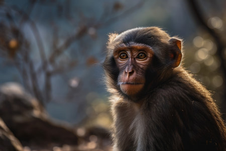 A young monkey in Himachal Pradesh enjoys a winter morningの素材