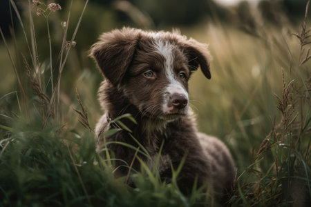 A three month old brown puppy sheepdog enjoys natureの素材