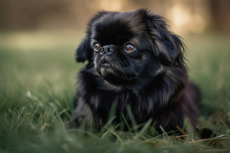 A dark colored Pekingese dog rests on some grassの素材