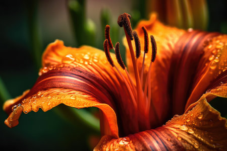 Beautiful close up macro image of the flowerhead of a daylily (Nokanzo) in a wild orange colorの素材
