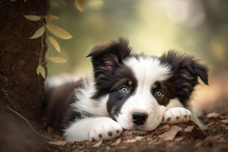 Adorable A young Border collie was lying down. Cute fluffy four month old puppy in the parkの素材