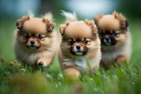 Cute puppies Pomeranian Happy Pekingese dogs of mixed breeds ran around on the grassの素材