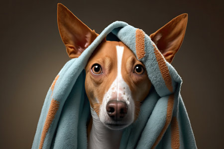 Funny basenji dog wrapped in a towel after getting cleaned up in the bathroomの素材