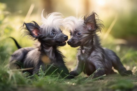 Chinese crested puppies playing together. Generative AIの素材