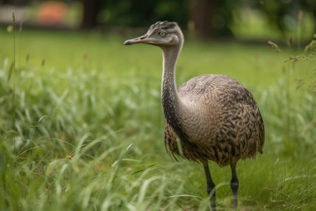 In a zoo, Rhea is strolling through the grassの素材