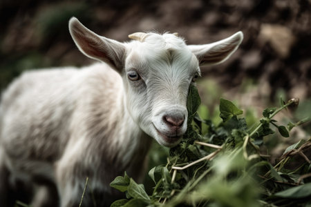 A lovely tiny gray white goat chews green grassの素材