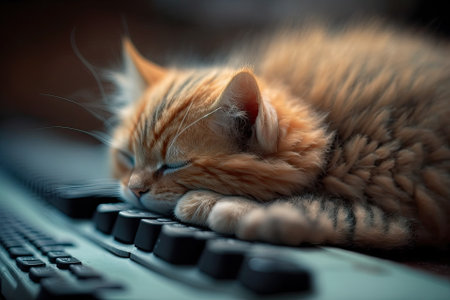 Cat sleeps on computer keyboard. Short depth of fieldの素材