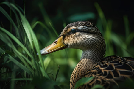Closeup of a female mallard duck amid grass. Generative AIの素材