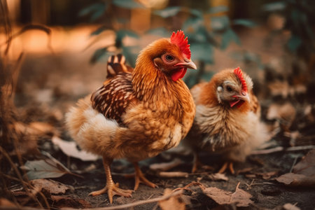 Outside in the yard is a chicken and a chickの素材