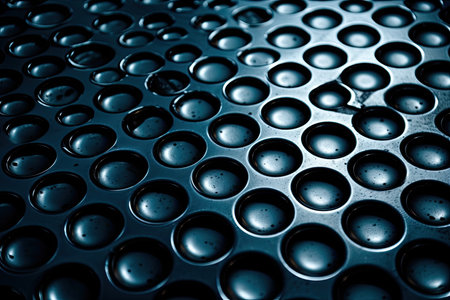 Metal background sheet with rows of round holes all over itの素材