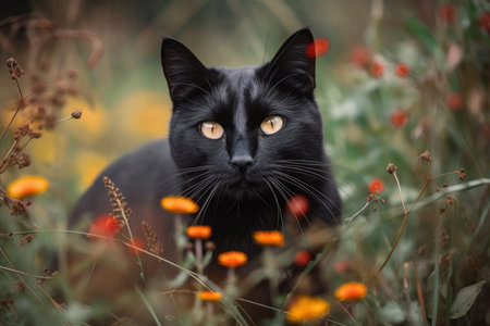 Autumn in the field with a black cat in the grassの素材