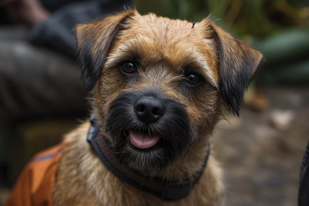 Dogs outside, dog face, dog jacket, dog lookingの素材