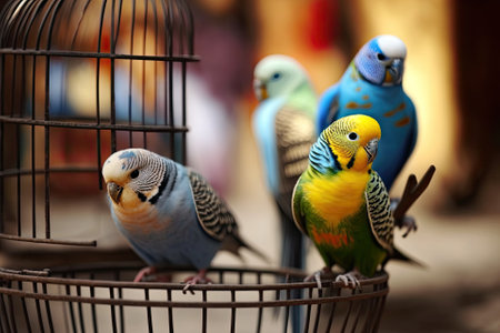 Cute colorful budgies in cage, outdoorsの素材