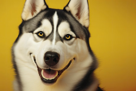 On a yellow background, a portrait of a siberian husky grins toothlessly towards the cameraの素材