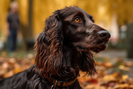 In autumn park, a setter dog is sittingの素材