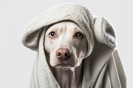 Funny picture of a dog with a towel on its head. stand out against a white backgroundの素材