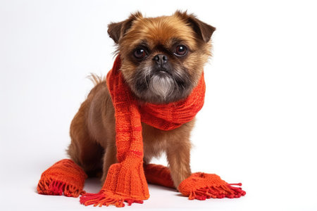 Brussels Griffon dog breed, isolated on white, wearing a red knit scarf and bootsの素材