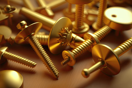 Golden cross screws in close up on a gold tableの素材