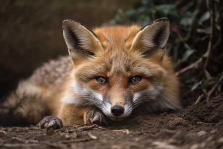In the aviary at the zoo, a young fox is curled up on the groundの素材